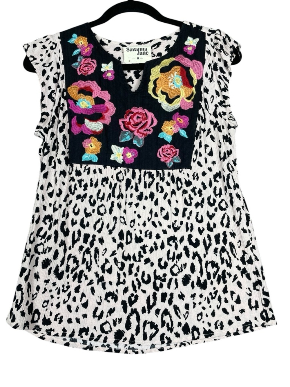 Savanna Jane Boho Peasant Floral Embroidered Leopard Print Blouse - Sz M